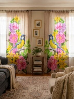 Floral Bird Print Window Curtains in Pink and Yellow